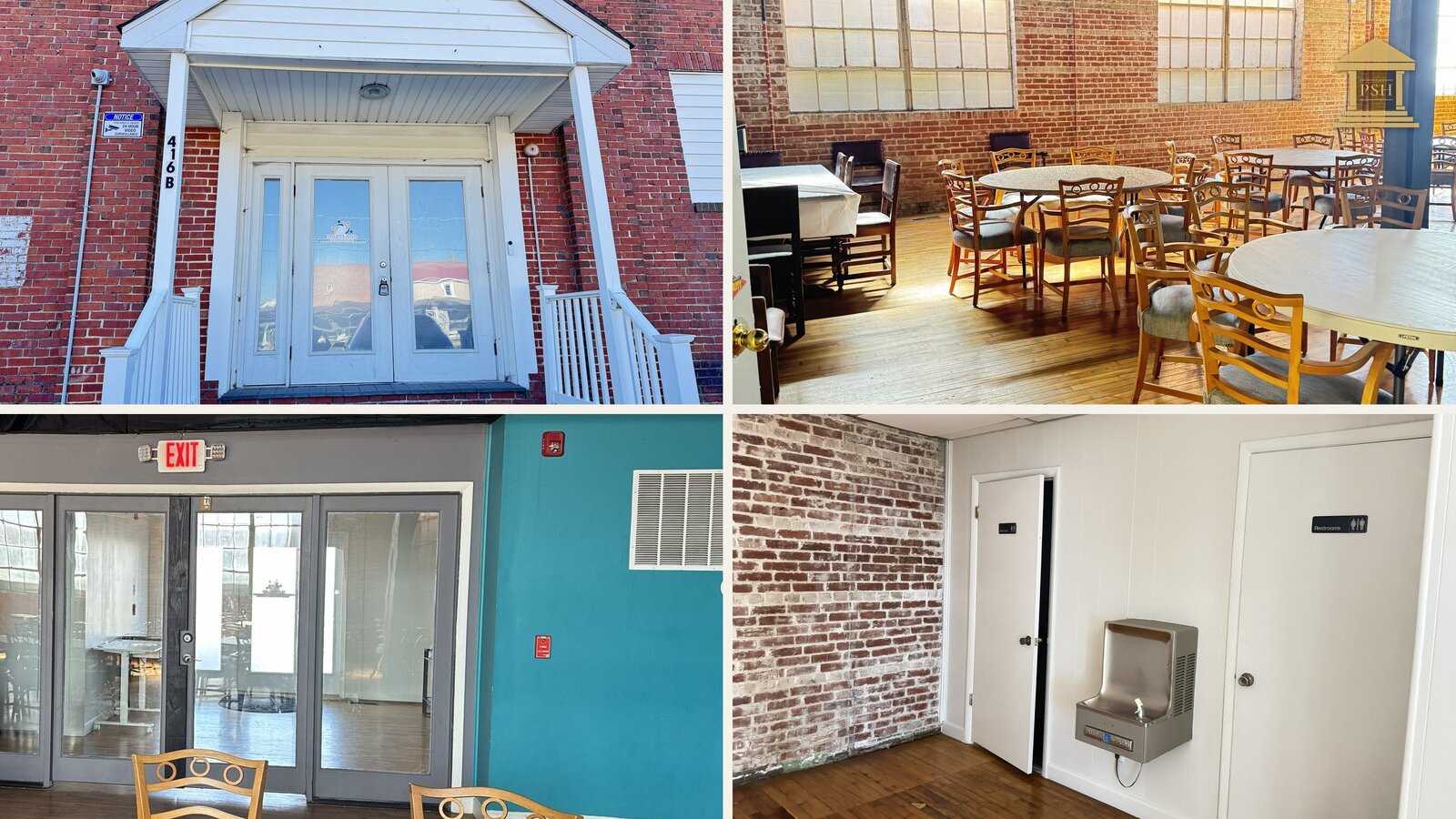 Pleasant Street Hall in Cambridge MD: the front door, the main hall with brick walls and tall windows, the foyer, and the restrooms